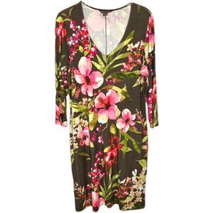 Tommy Bahama Soft V-Neck Floral A-Line Dress 3/4 sleeves - Brown/Pink/Green - L